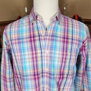 Alan Flusser Purple Teal Pastel Button Down Oxford Shirt Flip Cuff Size M